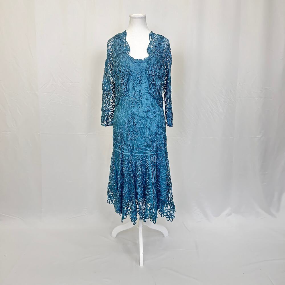 Soulmates Teal Dress With Jacket Two Piece Handmade 100% Silk Crochet Size L NWT